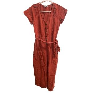 Madewell Linen/Cotton Pleat Sleeve Jumpsuit, size 6, Sash Tie Ankle Length, Rust